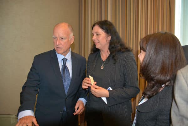 California Governor Jerry Brown, Angelina Galiteva and Diane Moss from the Renewables 100 Policy Institute 
